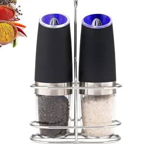 Gravity electric salt and pepper grinder set with a sleek stainless steel storage rack