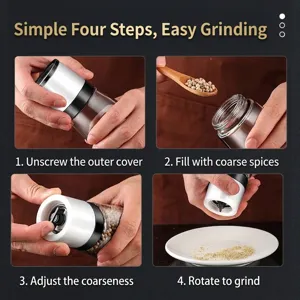 Manuelle Pfeffer- und Salzmühle aus Edelstahl mit detaillierter 4-stufiger Gebrauchsanweisung