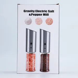 Detailed view of the packaging box for USB rechargeable gravity electric salt and pepper mill