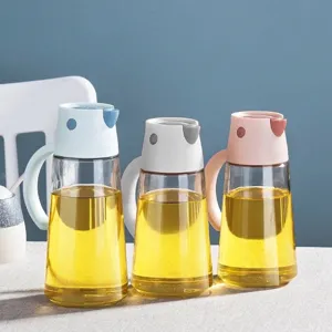 Glass Oil Bottle With Automatic Gravity Opening Lid Kitchen Seasoning Dispenser Large Capacity Vinegar Soy Sauce Cruet With Handle