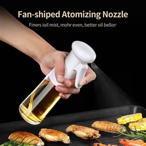 Refillable glass oil spray bottle for kitchen cooking, BBQ, and salads, mist nozzle.