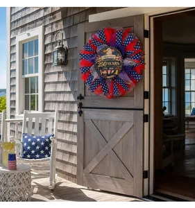 US Independence Day 250ste jubileum mesh krans met Amerikaanse arend op houten deur