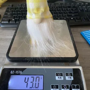 Gnome en peluche jaune sur une balance numérique affichant un poids de 43,0 g.