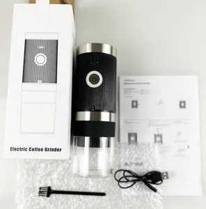 Portable electric coffee grinder set with USB cable, cleaning brush and user manual