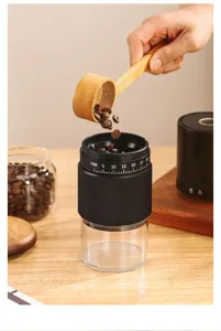 Pouring coffee beans into a portable electric grinder with external scale adjustment