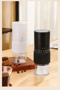 Portable electric coffee grinder set in black and white with USB charging and ceramic burr.