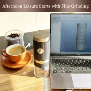 Premium portable USB electric coffee grinder shown in a modern lifestyle office setting