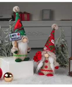 Detailed look of holiday gnomes with birds print hats and Merry Christmas sign