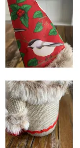 Detail view of gnome doll showing chickadee print and faux fur trim