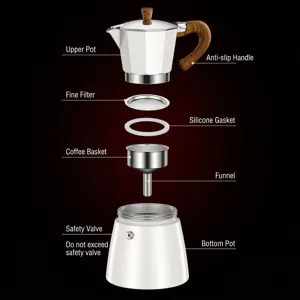 Exploded view of a white Italian Moka pot with wood-grain handle showing internal components