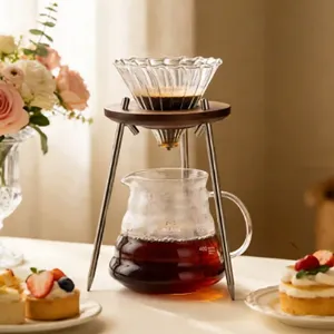 Retro Japanisch Schwarz Walnuss Gießkaffee Ständer Mit 304 Edelstahl Basis Und Borosilikatglas Kaffeekanne Filter Kit