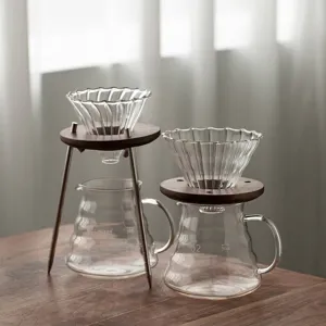 Premium Japanischer Handkaffeeständer aus Schwarznussholz mit Glas-Filter-Set und Kanne