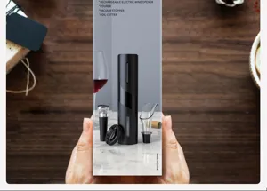 Complete electric wine opener set with pourer, vacuum stopper, and foil cutter