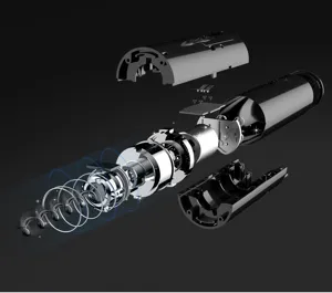 Internal exploded view of a sleek black electric wine bottle opener showing motor