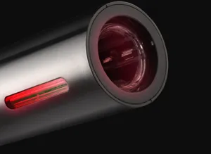 Detail shot of electric wine opener showing internal corkscrew and red LED indicator light