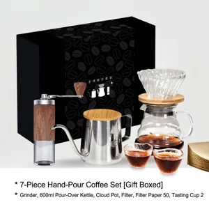7-teiliges Kaffee-Brühset mit Holzmaserung-Mühle und Glaskanne in Geschenkbox