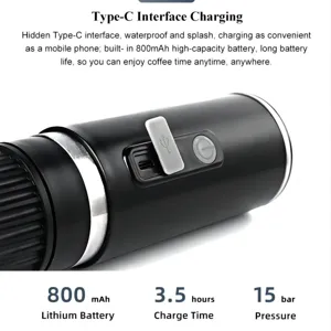 Portable electric espresso machine with 15 bar pressure and Type-C charging port
