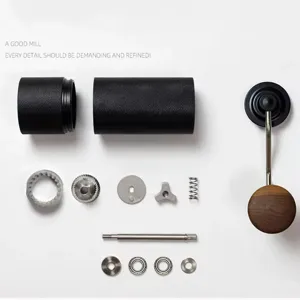 Molinillo de café manual con núcleo de acero CNC, vista de componentes de alta calidad.