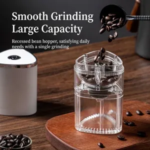 Portable electric coffee grinder with transparent bean hopper and wooden base detail