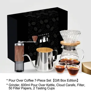 7-piece pour-over coffee gift set with manual grinder and 600ml stainless steel kettle.
