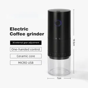 Detail of portable electric coffee grinder with ceramic core and USB charging port