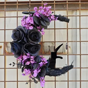 Halloween moon cat flower wreath black rose purple floral gothic home wall hanging decor