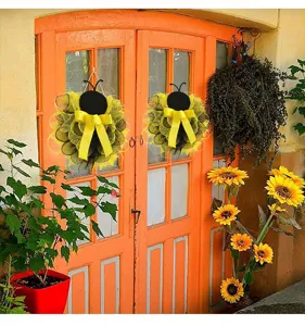 Corona de malla de abeja para colgar en la puerta, decoración de fiesta amarilla, decoración de hogar.