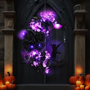 Halloween moon cat wreath with black roses purple flowers and LED lights for door decor.
