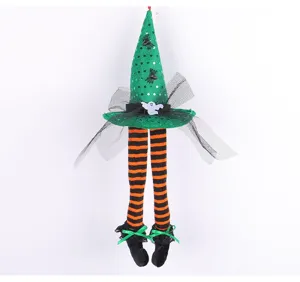 Halloween Hexenhut-Hängedekoration mit orange-schwarz gestreiften langen Beinen