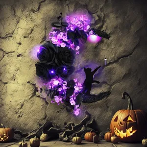 Detailed view of Halloween crescent moon wreath with black roses, LED lights and glowing pumpkins.