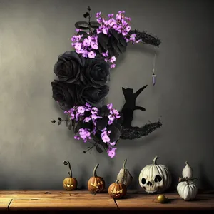 Halloween moon cat floral wreath with black roses and crystal pendant for holiday decor