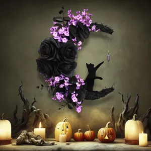 Halloween crescent moon wreath with black roses and cat silhouette for spooky holiday home decor
