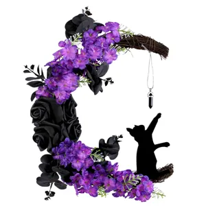 Halloween moon cat wreath with black roses purple flowers creepy hanging decor spooky vibe