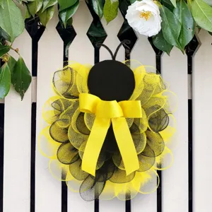 Corona de Abeja de Pascua Adorno Colgante de Malla Amarillo Negro Decoración de Puerta Primavera Jardín Exterior Guirlande Floral