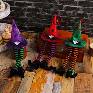 Set di 3 decorazioni di Halloween a cappello di strega con lunghe gambe a righe per la finestra