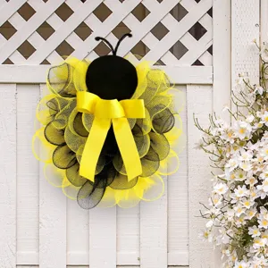 Guirlanda malla abeja, decoración puerta amarillo negro para patio exterior de primavera.