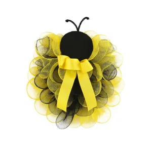 Guirnalda colgante de malla de abeja, decoración de puerta de Pascua amarilla negra hecha a mano.