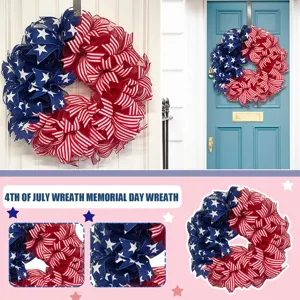 Detailed close-up of patriotic stars and stripes mesh on an American independence wreath.