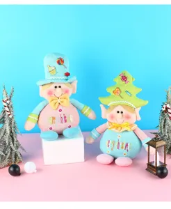 Couple of festive Christmas elf plush dolls with embroidered Merry Christmas greeting