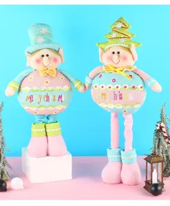 Detailed view of two cute Christmas elf plush dolls with hats and telescopic legs