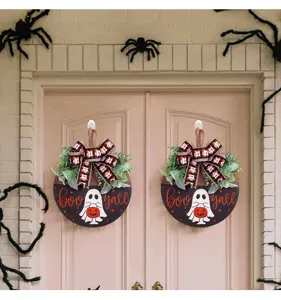 Plaque de porte Halloween en bois avec fantôme, citrouille et texte Boo yall