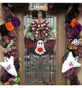 Plat de porte Halloween en bois avec fantôme, texte Boo yall et nœud en ruban festif