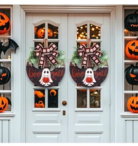 Plaques de porte décoratives en bois pour Halloween avec fantômes et texte boo yall
