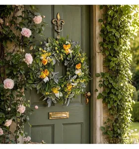 Vue détaillée d'une couronne de tulipes jaunes européennes sur une porte en bois vert