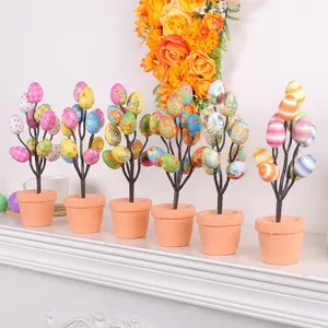 Six Easter egg artificial bonsai trees with colorful prints for desktop decoration.