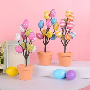Colorful Easter egg bonsai trees in pots for festive tabletop home decor displays