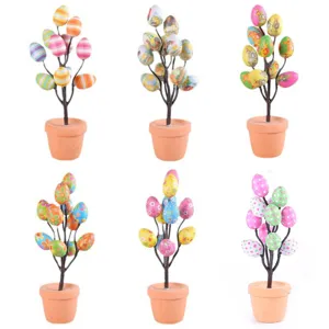 Set of colorful artificial Easter egg bonsai trees for festive desktop decoration
