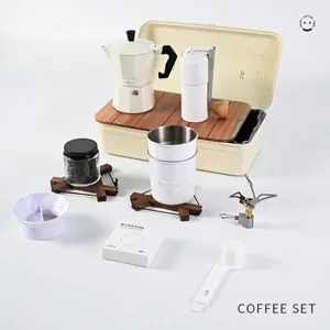 Outdoor Portable Moka Coffee Pot Set With Manual Grinder Stainless Steel Cup Folding Stove Iron Storage Box Camping Coffeeware Gift Set