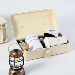 Portable outdoor coffee set with Moka pot and cups in cream metal gift box