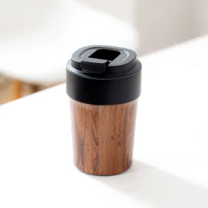 Wood Grain Insulated Coffee Mug Ceramic Liner Stainless Steel Travel Cup Leak Proof Portable Office Outdoor Water Mug